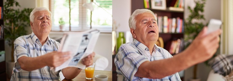 Presbyopie, senior heeft moeite met lezen van dichtbij