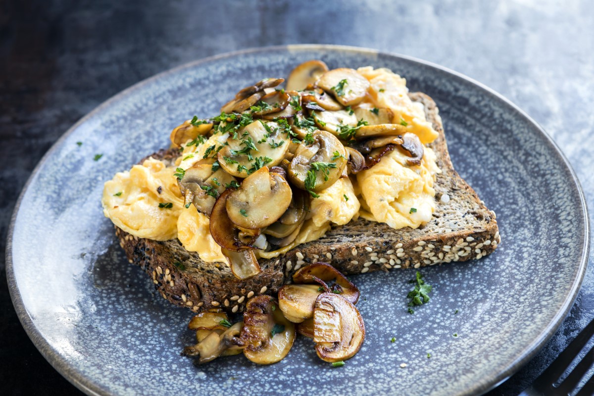 Hartig ontbijt: omelet met geroosterde champignons en volkoren toast