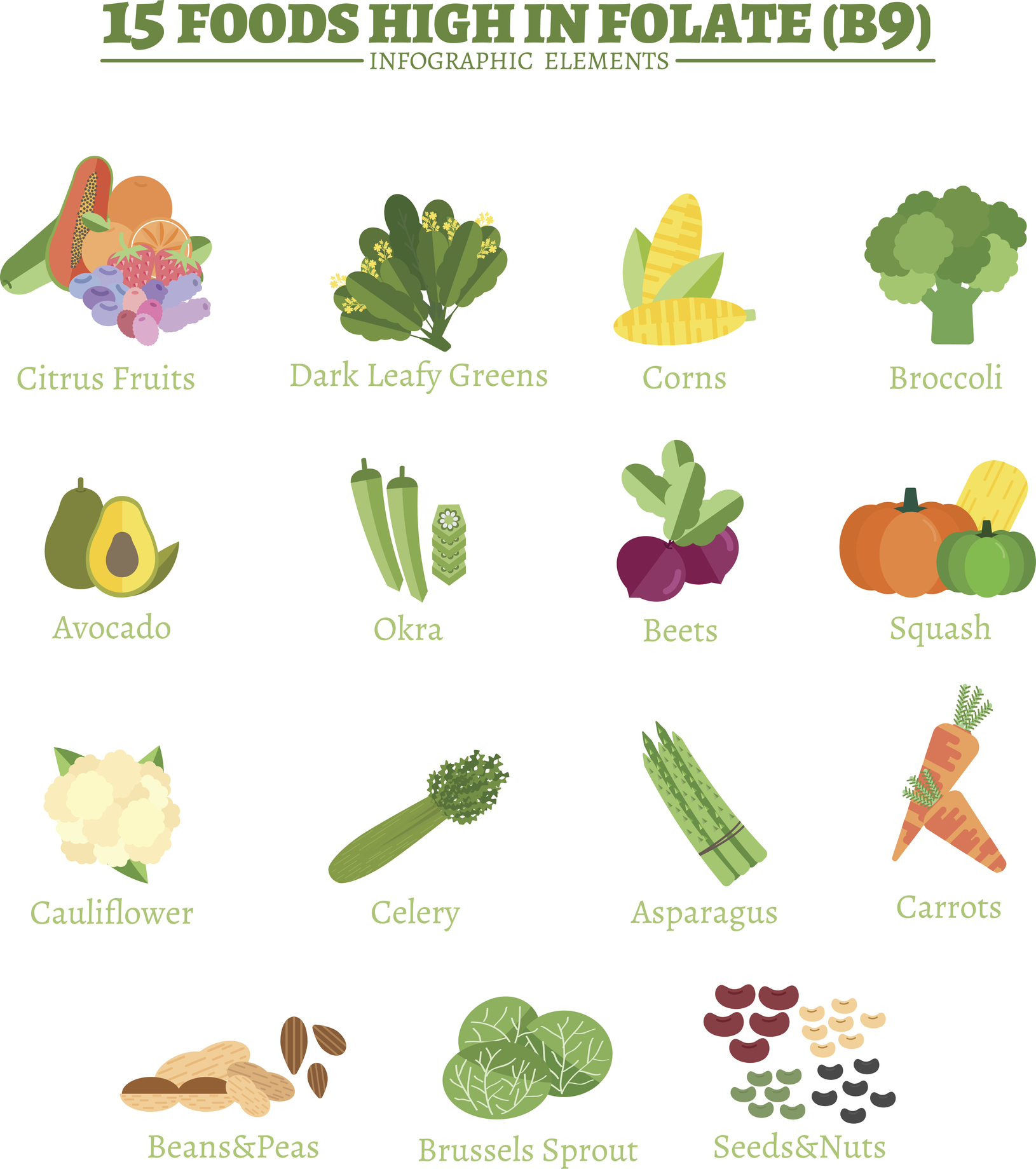 Belangrijke bronnen van vitamine B9 zijn citrusvruchten, donkergroene bladgroenten, maïs, broccoli, avocado, okra, rode biet, rode bietensap, bloemkool, selderij, asperges, wortelen, bonen en erwten, spruitjes, zaden en noten. 