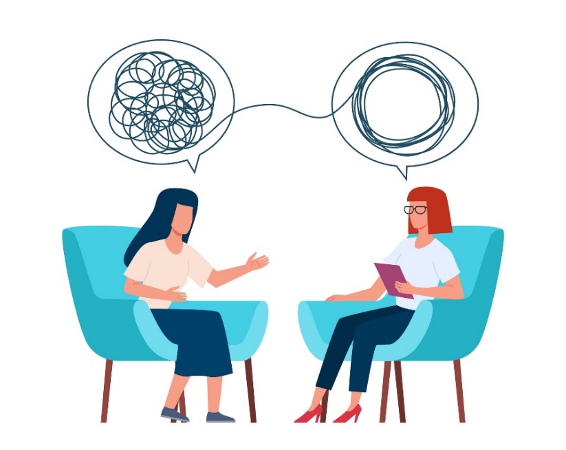 Psychotherapie en gesprek met therapeut. Animatie van vrouwen zittend op stoelen